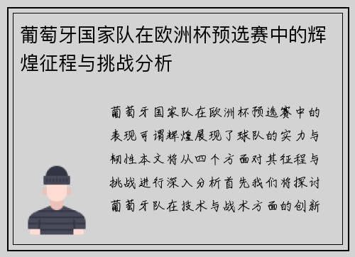 葡萄牙国家队在欧洲杯预选赛中的辉煌征程与挑战分析