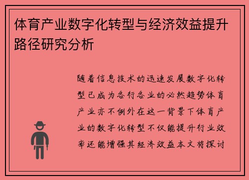 体育产业数字化转型与经济效益提升路径研究分析